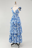 Blue Floral A Line Tiered V Neck Long Bridesmaid Dress