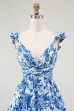 Blue Floral A Line Tiered V Neck Long Bridesmaid Dress