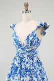 Blue Floral A Line Tiered V Neck Long Bridesmaid Dress