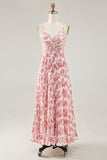 Blush Flower Pleated A Line Spaghetti Straps Wedding Guest Dress