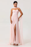 Blush A Line Ruched Strapless Chiffon Long Bridesmaid Dress with Slit