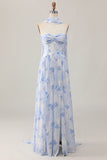 Strapless Blue Flower A-Line Printed Wedding Guest Dress with Slit