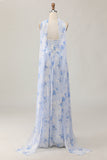 Strapless Blue Flower A-Line Printed Wedding Guest Dress with Slit