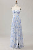 Strapless Blue Flower A-Line Printed Wedding Guest Dress with Slit