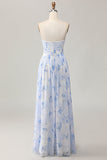 Strapless Blue Flower A-Line Printed Wedding Guest Dress with Slit