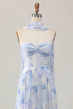 Strapless Blue Flower A-Line Printed Wedding Guest Dress with Slit