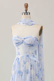 Strapless Blue Flower A-Line Printed Wedding Guest Dress with Slit
