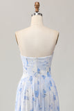 Strapless Blue Flower A-Line Printed Wedding Guest Dress with Slit