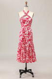 Mermaid Halter Printed Red Flower Midi Wedding Guest Dress