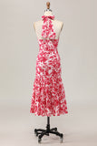 Mermaid Halter Printed Red Flower Midi Wedding Guest Dress