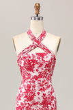 Mermaid Halter Printed Red Flower Midi Wedding Guest Dress