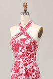 Mermaid Halter Printed Red Flower Midi Wedding Guest Dress