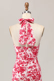 Mermaid Halter Printed Red Flower Midi Wedding Guest Dress