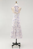 Blue Floral Halter A Line Ruffled Midi Bridesmaid Dress