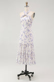 Blue Floral Halter A Line Ruffled Midi Bridesmaid Dress