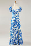 Off The Shoulder Blue Floral Printed Wedding Guest Dress with Slit