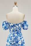 Off The Shoulder Blue Floral Printed Wedding Guest Dress with Slit