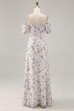 A Line Printed Blue Flower Long Wedding Guest Dress with Slit