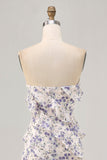 Blue Floral Sheath Strapless Ruffled Bridesmaid Dress