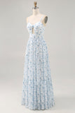 Blue Printed Floral Spaghetti Straps Cut Out Wedding Guest Dress