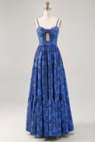 Floral A Line Blue Spaghetti Straps Cut Out Wedding Guest Dress