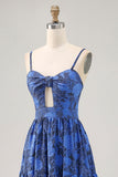 Floral A Line Blue Spaghetti Straps Cut Out Wedding Guest Dress