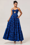 Dark Blue Jacquard A Line Spaghetti Straps Cut Out Prom Dress