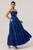 Dark Blue Jacquard A Line Spaghetti Straps Cut Out Prom Dress