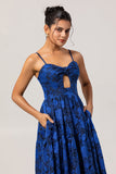 Dark Blue Jacquard A Line Spaghetti Straps Cut Out Prom Dress