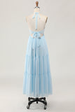 Sky Blue Halter A Line Long Wedding Guest Dress