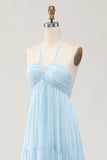 Sky Blue Halter A Line Long Wedding Guest Dress