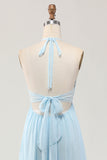 Sky Blue Halter A Line Long Wedding Guest Dress