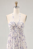 Floral Ruched A Line Blue Halter Long Wedding Guest Dress