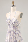 Floral Ruched A Line Blue Halter Long Wedding Guest Dress