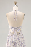 Floral Ruched A Line Blue Halter Long Wedding Guest Dress