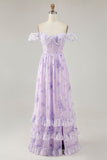 Lavender Flower Printed Ruffled A Line Bridesmaid Dress with Slit