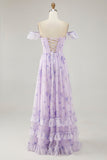 Lavender Flower Printed Ruffled A Line Bridesmaid Dress with Slit