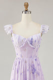Lavender Flower Printed Ruffled A Line Bridesmaid Dress with Slit