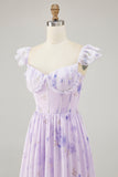 Lavender Flower Printed Ruffled A Line Bridesmaid Dress with Slit