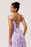 Lavender Flower A Line Printed Ruffled Corset Bridesmaid Dress with Slit