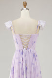 Lavender Flower Printed Ruffled A Line Bridesmaid Dress with Slit