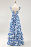 Off The Shoulder Ruffled Printed Blue Wedding Guest Dress with Slit