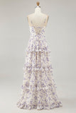 Purple Flower Printed A Line Cut Out Wedding Guest Dress with Slit