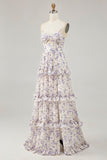 Purple Flower Printed A Line Cut Out Wedding Guest Dress with Slit