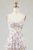 Purple Flower Printed A Line Cut Out Wedding Guest Dress with Slit