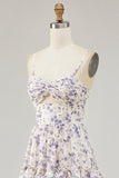 Purple Flower Printed A Line Cut Out Wedding Guest Dress with Slit