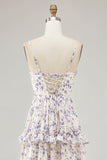 Purple Flower Printed A Line Cut Out Wedding Guest Dress with Slit