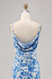 Blue Flower Cowl Neck Mermaid Long Bridesmaid Dress