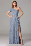 Dusty Blue A-Line One Shoulder Bridesmaid Dress with Slit