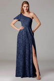 One Shoulder Black A-Line Long Choir Dress with Slit
